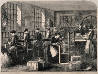 engraving showing women working in a lint factory. Seven women are shown with their backs to the viewer in a row concentrating on their work. Other women are standing or walking to the right of the image.