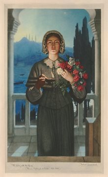 Idealised oil painting of Nightingale from 1933. She stands facing the viewer and holding flowers, illuminated by a shaft of light.