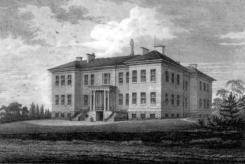 Black and white image of Derbyshire General Infirmary as it looked in 1819, Georgian-style symmetrical building with white exterior, three floors of windows.