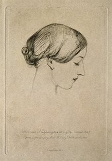 1845 sketch of Nightingale by Hilary Bonham Carter. Pencil drawing. Nightingale has closed eyes and short hair and faces to our right.