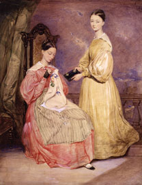 Watercolour painting of Florence Nightingale and her sister Parthenope as young men. Florence is seated, sewing, in a pink dress. Parthenope is standing, holding a book, in a yellow dress, with her face turned to look at the viewer.