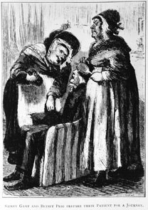 illustration from 'Martin Chuzzlewit' by Charles Dickens of Sairey Gamp and Betsey Prig, the caricatured figures of drunk and uncaring nurses.