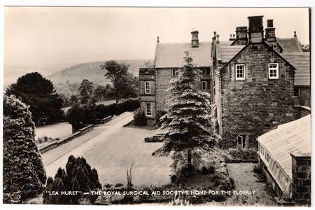 black and white photograph of Lea Hurst and grounds covered in snow, with caption '"Lea Hurst" - The Royal Surgical Aid Society's Home for the Elderly'