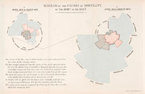 Nightingale's polar area graphs comparing British army deaths in the Crimean war from battle, wounds, and disease over time, demonstrating that the majority of deaths came from disease.