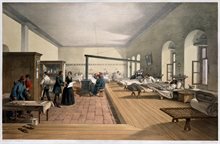 Colour lithograph of a ward in Scutari hospital, 1856. Nightingale is shown in the left of the picture in discussion and holding a large document. Patients' beds line the walls; one is being attended to by a nurse.