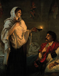 idealised painting of Nightingale in a white shawl holding an oil lamp and standing. To her right, a soldier in a red coat sits on a bed.