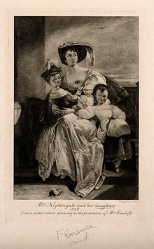 Black and white image of a Romantic-style painting of Florence Nightingale as a baby with her mother and sister