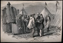 Wood engraving of the kitchen camp of chef Alexis Soyer in the Crimean War. Soyer is shown in a beret in discussion with a French General while soldiers cook in the background.